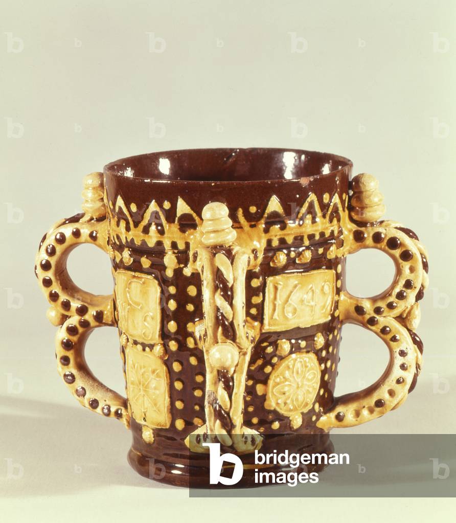 Two handled tyg, possibly by Henry Ilfield, Wrotham, Kent, 1649 (lead-glazed earthenware)