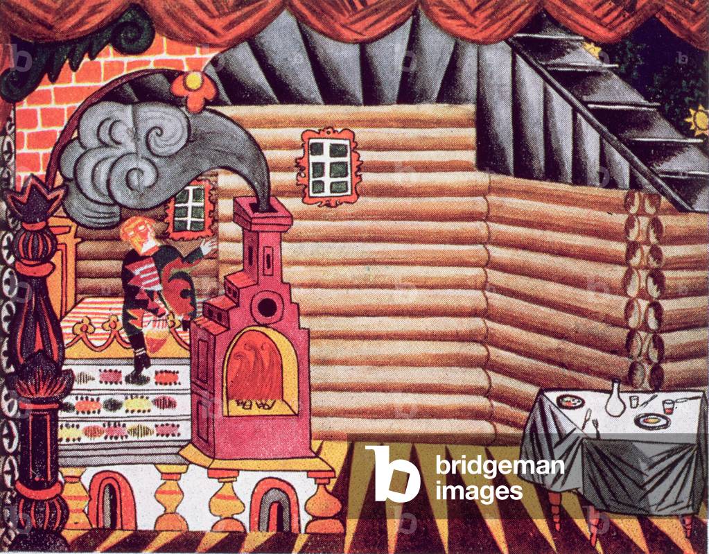 Set design for the house of the Young Buffoon, Scene 1 of the ballet 'Le Chout' or 'The Buffoon' by Serge Prokofiev (1891-1953) (litho)