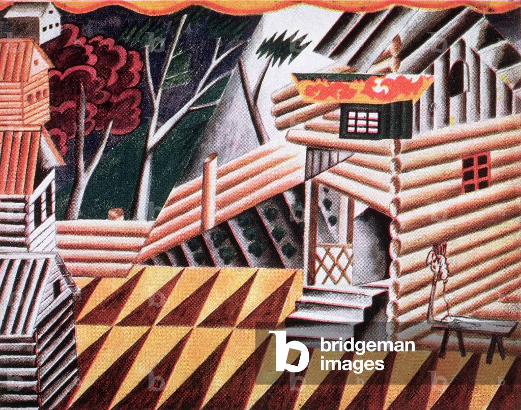 Set design for the Courtyard of the Young Buffoon, scene 3 of the ballet 'Le Chout' or 'The Buffoon' by Serge Prokofiev (1891-1953) (litho)