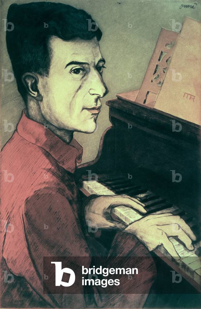 Portrait of Maurice Ravel playing the piano, 1911 (litho)