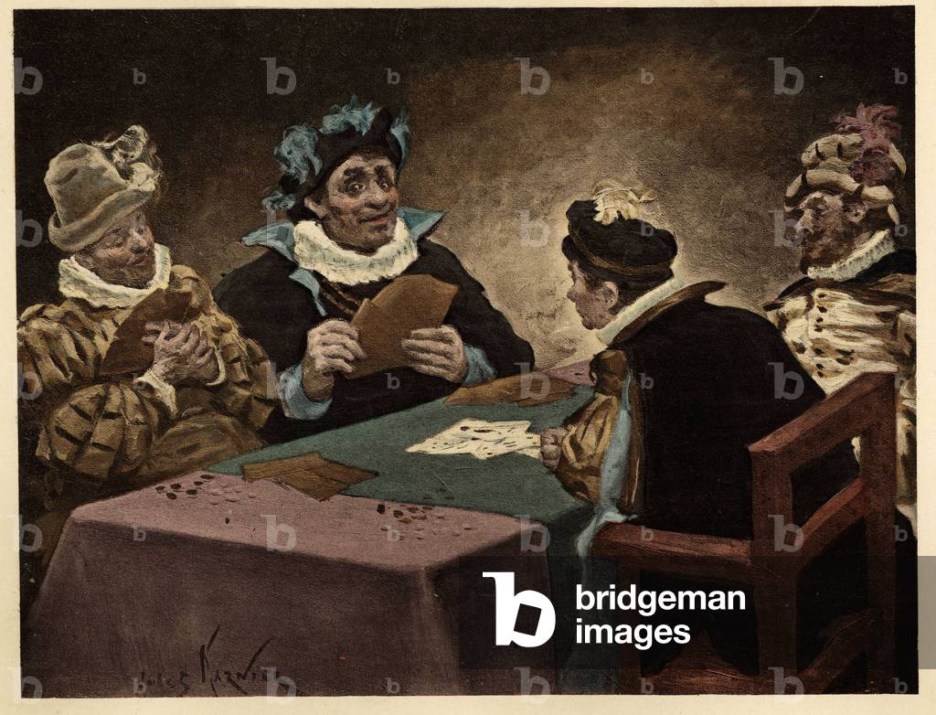 Men playing cards. Gargantua. llustration by Jules Garnier. In “” Rabelais et l'Oeuvre de Jules Garnier”, 1897