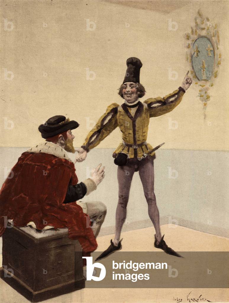 King of England Edouart (Edward) V, on his toilet, looking at the coat of arms of France that his doctor shows him. Pantagruel. llustration by Jules Garnier. In “” Rabelais et l'Oeuvre de Jules Garnier”, 1897.