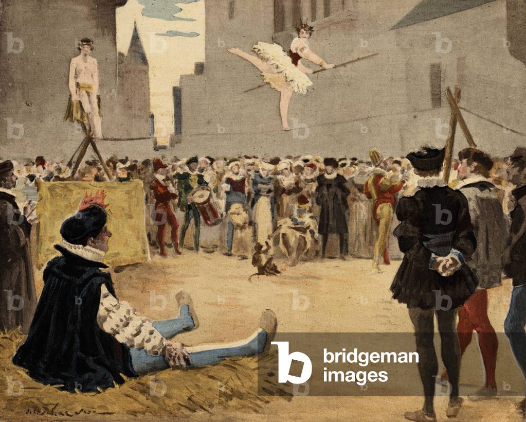 Musicians and funambles performing in the street under the gaze of Gargantua (sitting, left). Gargantua. llustration by Jules Garnier. In “” Rabelais et l'Oeuvre de Jules Garnier”, 1897.