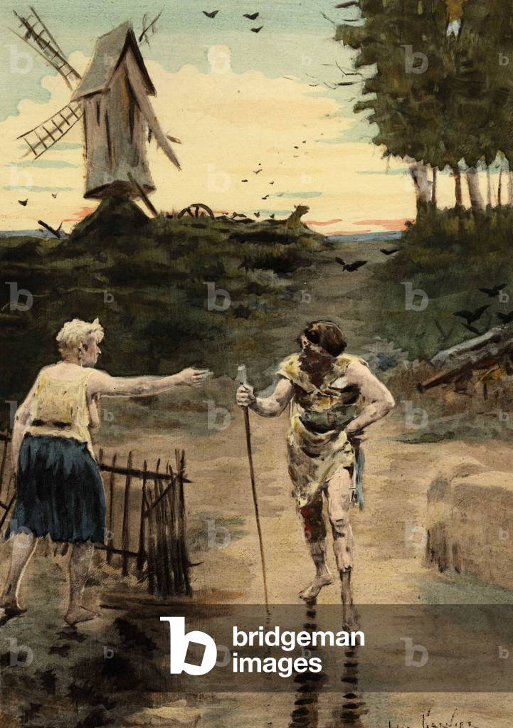 Picrochole, king of Lerne, fleeing and wounds, addressing an old heavyweight. Gargantua. llustration by Jules Garnier. In “” Rabelais et l'Oeuvre de Jules Garnier”, 1897.