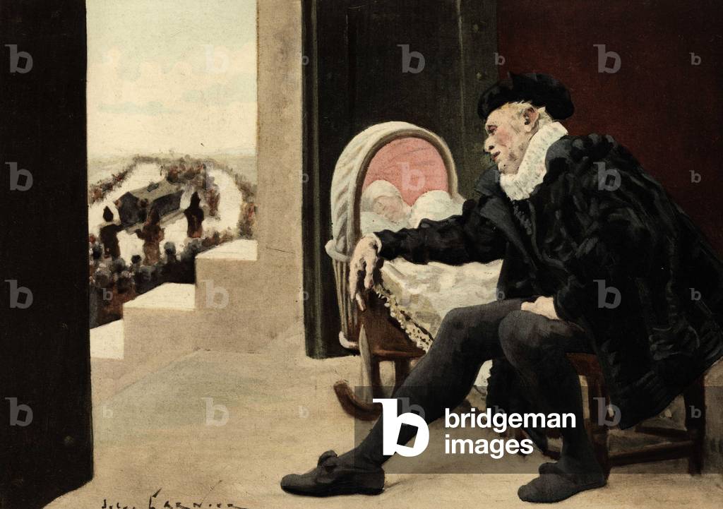 Gargantua watching over his son, Pantagruel, and watching the funeral of Badebec, his wife. Pantagruel. Illustration by Jules Garnier. In “” Rabelais et l'Oeuvre de Jules Garnier”, 1897.