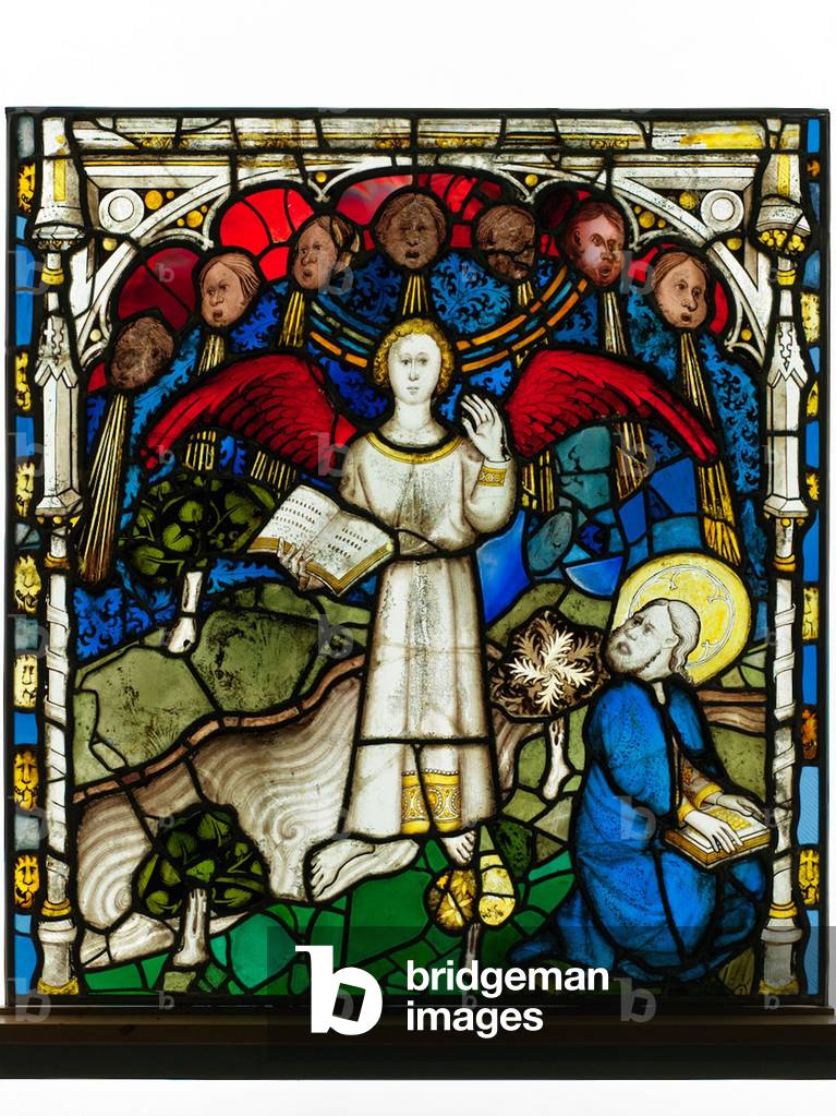 Conserved panel from the Great East Window at York Minster: ‘The Mighty Angel and Seven Thunders’ (stained glass)