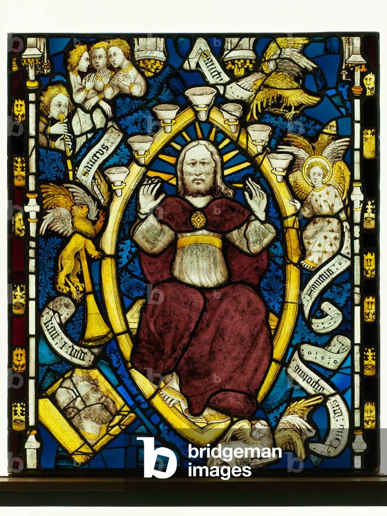 Conserved panel from the Great East Window at York Minster: ‘God in Majesty’ (stained glass)