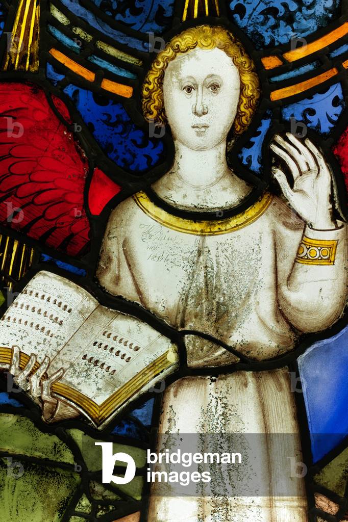Conserved panel from the Great East Window at York Minster: ‘The Mighty Angel and Seven Thunders’ (stained glass)