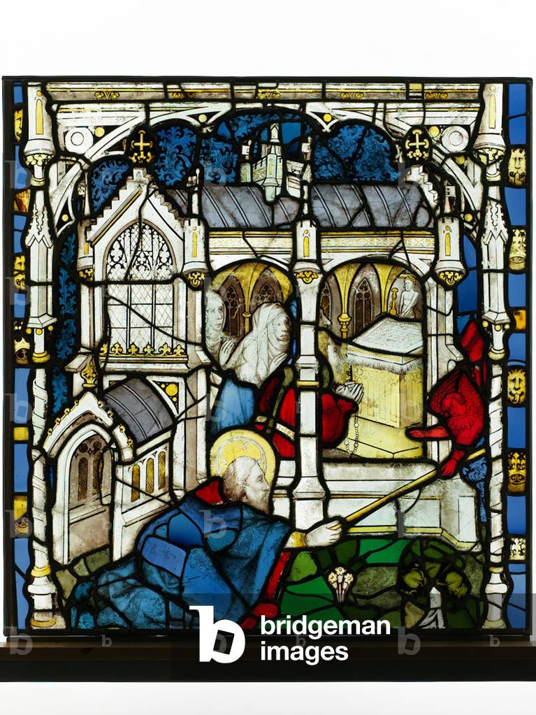 Conserved panel from the Great East Window at York Minster: ‘St John Measures the Temple’ (stained glass)