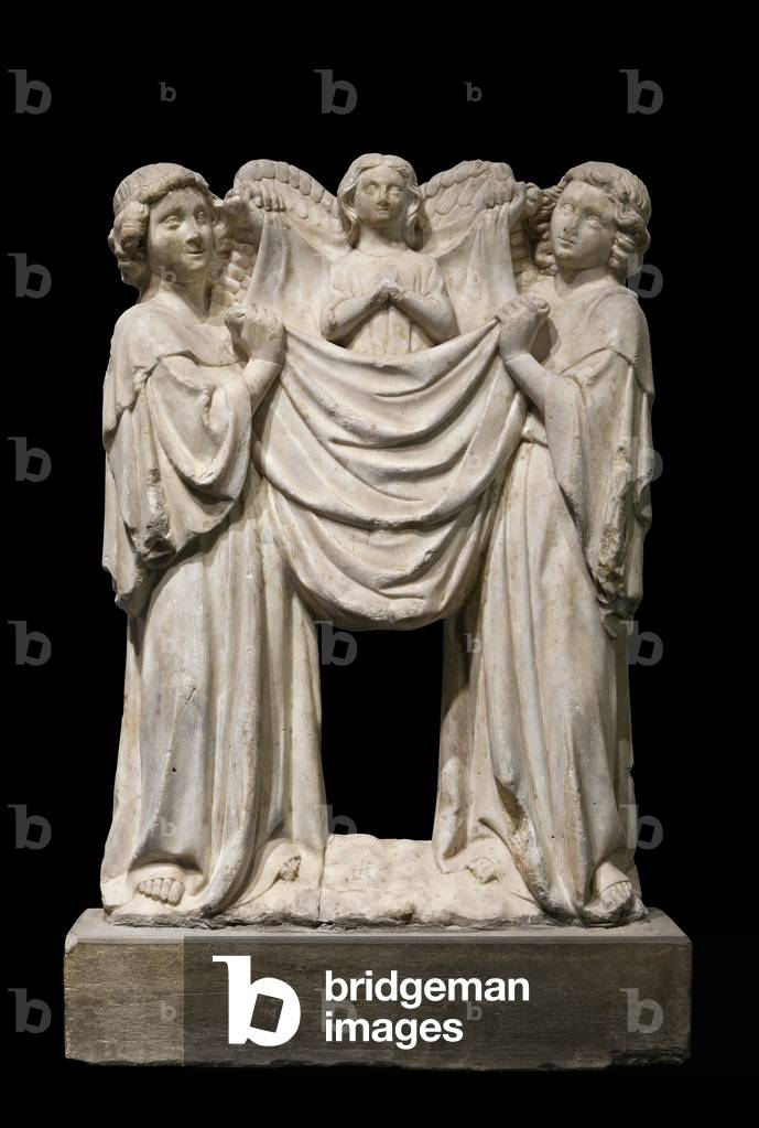 Angels bearing a soul, marble sculpture from Lombardy, Italy, dating from the 2nd half of the 14th century., Lyon, Musee des beaux arts de Lyon.