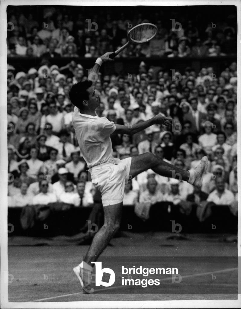Jul 07, 1953 - Rose of Australia beaten by Seixas of the U.S. in Men's semi-final singles at Wimbledon.: Photo shows M.V. Rose of Australia in play during his men's single semi-final match with Vic Seixas of the United States at Wimbledon this afternoon. Seixas won.