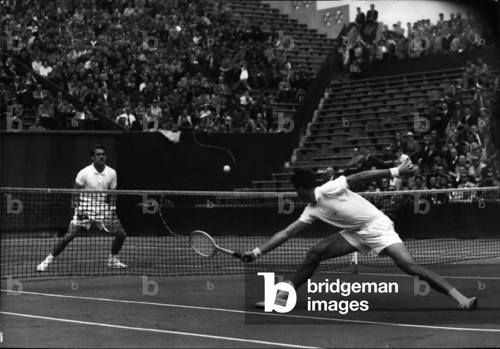 Jul 07, 1953 - Davis Cup Semi Final at Roland Garros, France versus Denmark: The Frenchamn Haillet (right) in action against Nielsne, Nielsen won.