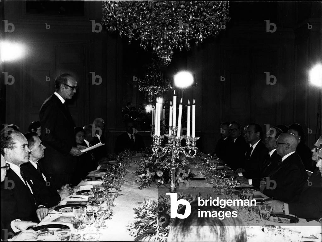 Dec. 06, 1974 - Giscard d'Estaing speaking during the dinner in honour of Brezhnev visiting France for the signing of the agreement in Rembouillet.