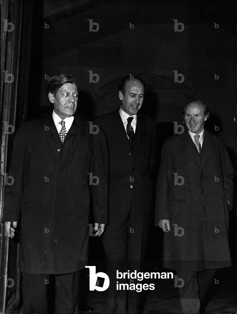 Feb. 10, 1973 - Helmut Schmidt, Giscard d'Estaing, and Anthony Barber in Paris