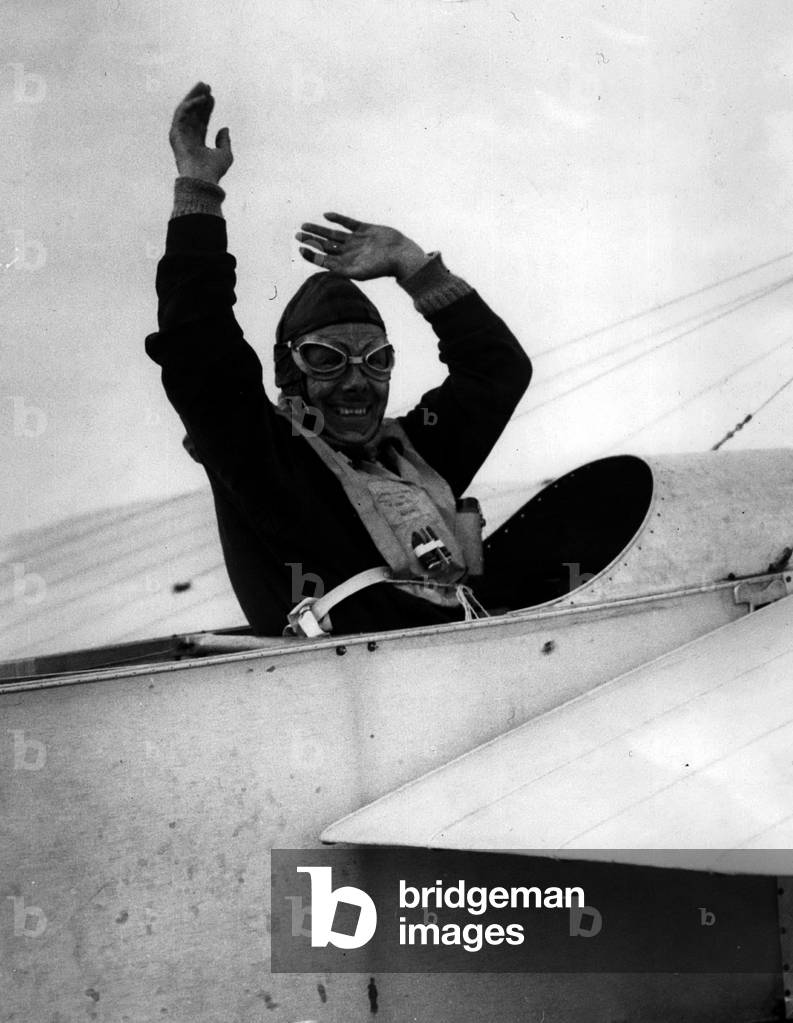 Jan. 01, 1955 - Mr. Jean Salis flies channel in” Bleriot” replica. Waves to the crowds.: Fifty year old Frenchman M. Jean Salis landed at Ferryfield, near Lydd, Kent, last evening after flying from Calais in his replica of the machine used by M. Louis Bleriot 46 years ago. The 47 miles flight took 81 minutes