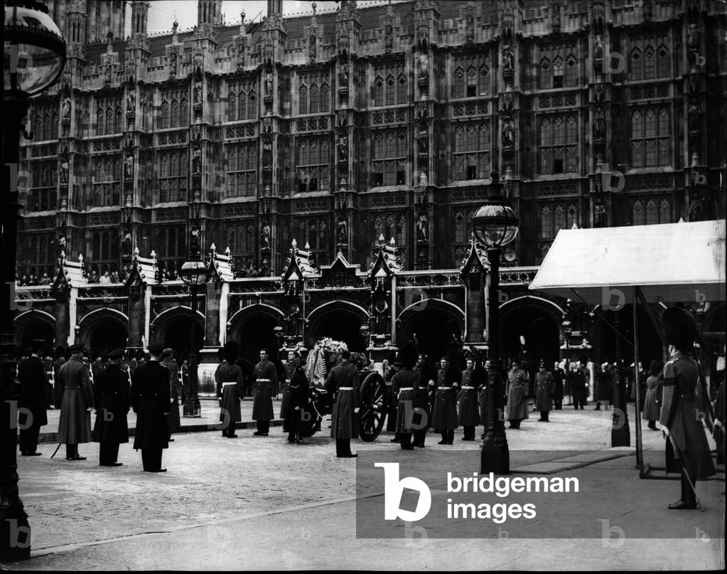 Tue 03, 1953 - Lying-in-state of Queen Mary (Mary de Teck, 1867-1953): General view of the coffin arriving at Westminster Hall, with four Dukes on left.