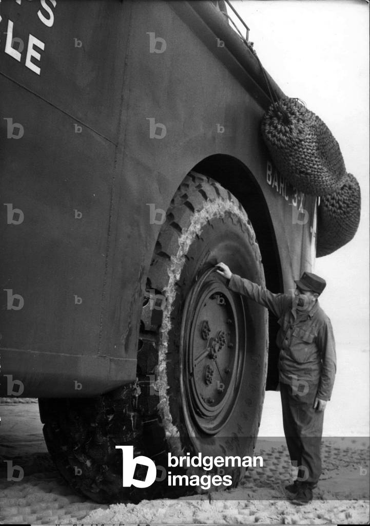 Feb. 14, 1954 - This 60 ton barge on wheels takes heavy materials from boats to the beach.It moves easily over sand and stones while carrying up to 100 tons. It's about 20 meters long and 9 meters wide