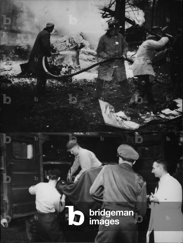 Oct. 15, 1953 - Terrible aeroplane-accident near Frankfurt/Main: Yesterday afternoon one of the greatest aeroplane-plane-catastrophes of the civil-air-navigation in Germany happened near the Rhine-Main air-port near Frankfurt/Main. A twin-engined machine of the Belgian aircraft-company Sabena crushed down during starting short after a stop for the flight exploied and burnt. All 40 passengers and 4 men staff with their deaths