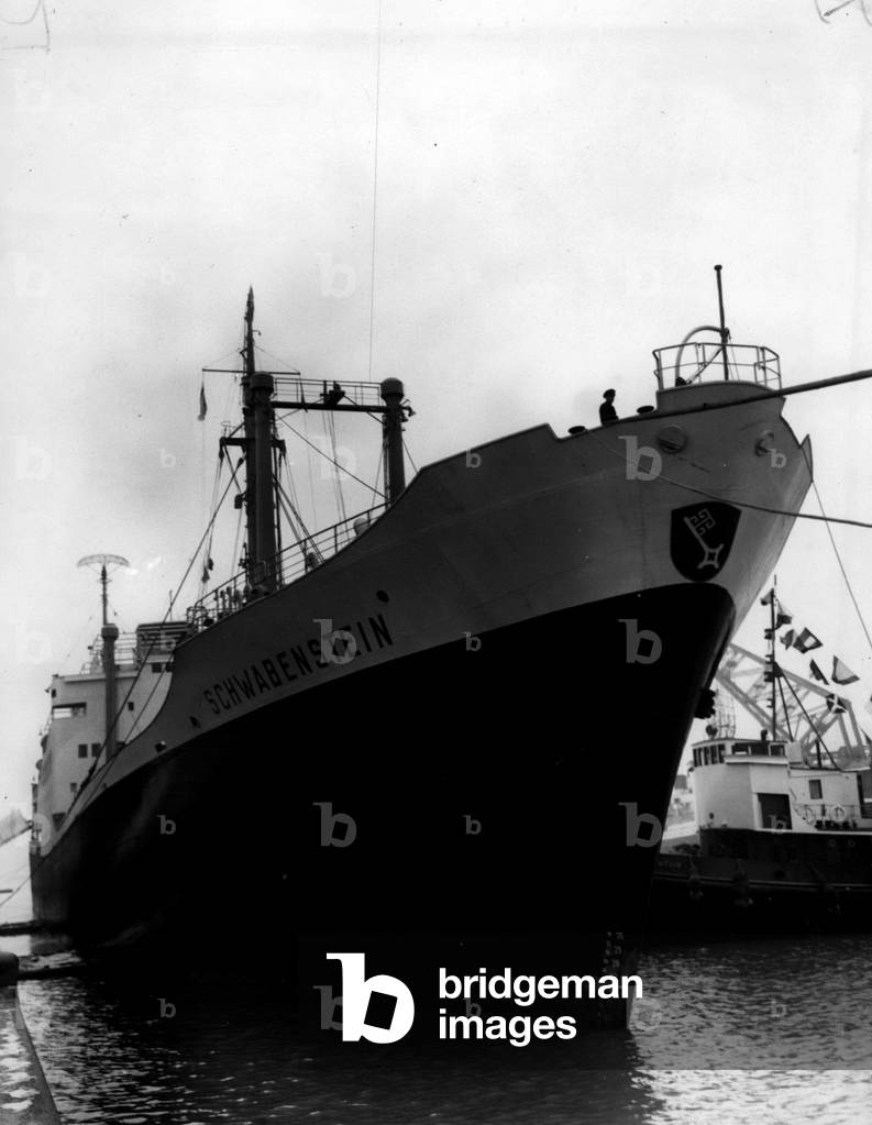 Feb. 02, 1954 - German's newest liner calls at Southampton on Maiden Voyage.: The new 10,000 ton German liner” Schwabenstin” arrived at Southampton today at the start of her maiden voyage. The vessel is the first of six up-to-date liners being constructed for the Hamburg America Line - for the service to the Far east. She carries 90 first class passengers