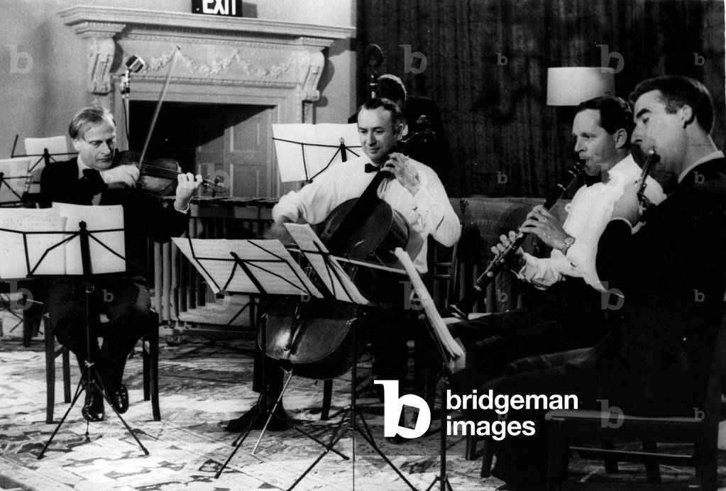 Jun 06, 1963 - Musical Experiment At Bath Festival. Yehudi Menuhin (1916-1999) Violin, Maurice Gendron (1920-1990) Cello, Johnny Dankworth (1927-2010) Clarinet, and John Scott Flute