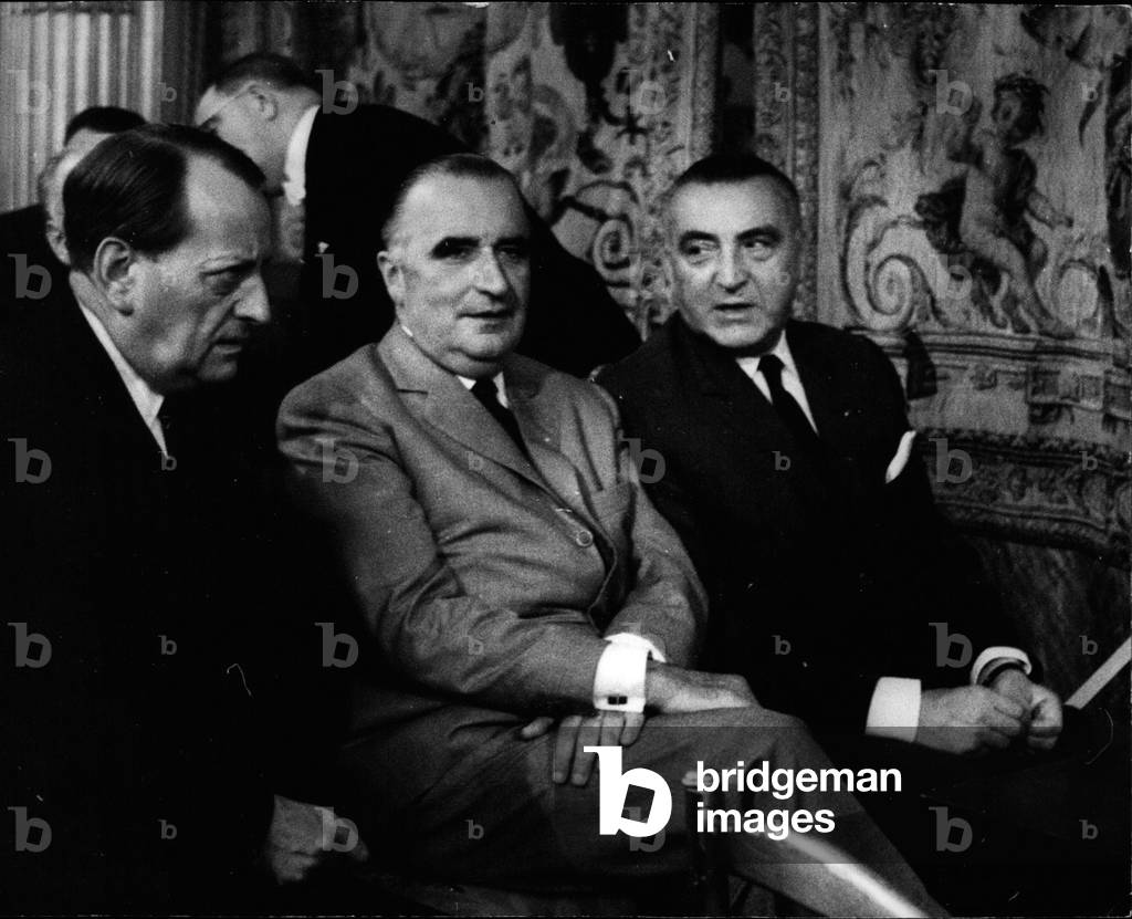 07/07/1963 Ministers Andre Malraux, George Pompidou and Louis Jacquinot (g a d) at a press conference of General De Gaulle