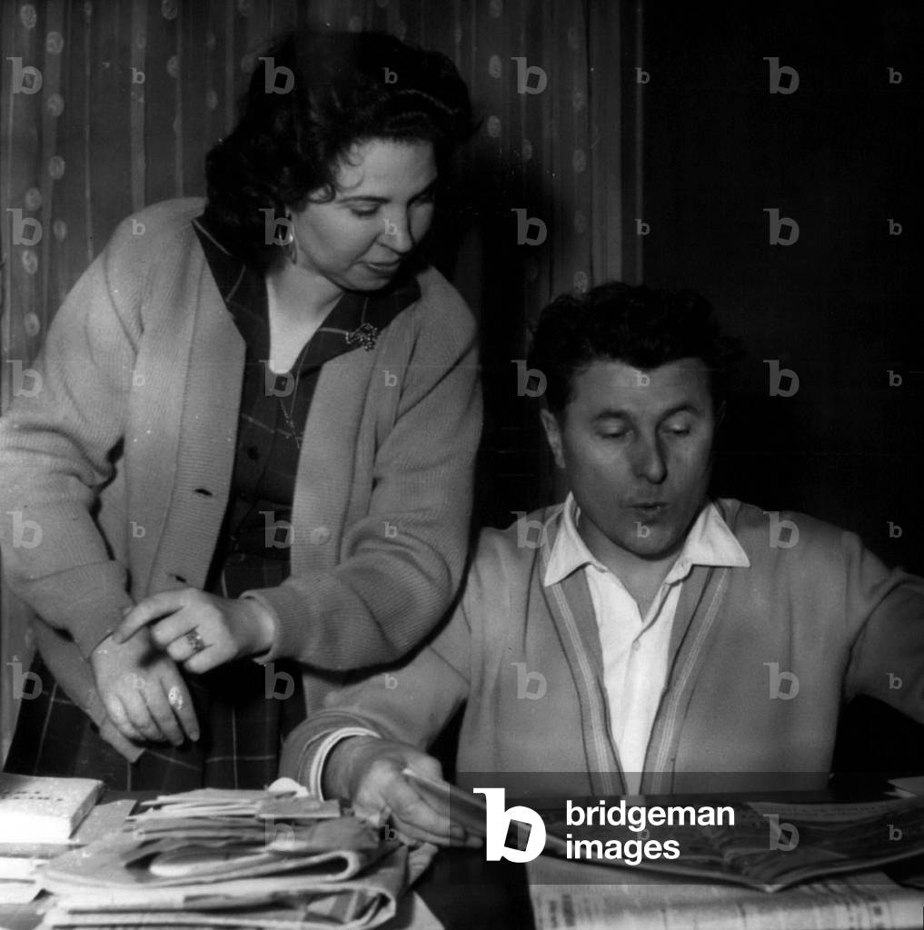 1956 Portrait of the trade unionist and founder of Poujadism Pierre Poujade (1920-2003) in his house with his wife, Ablon