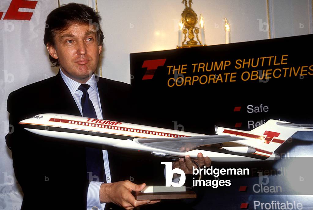 Portrait of Donald Trump presenting the Trump Shuttle 1989