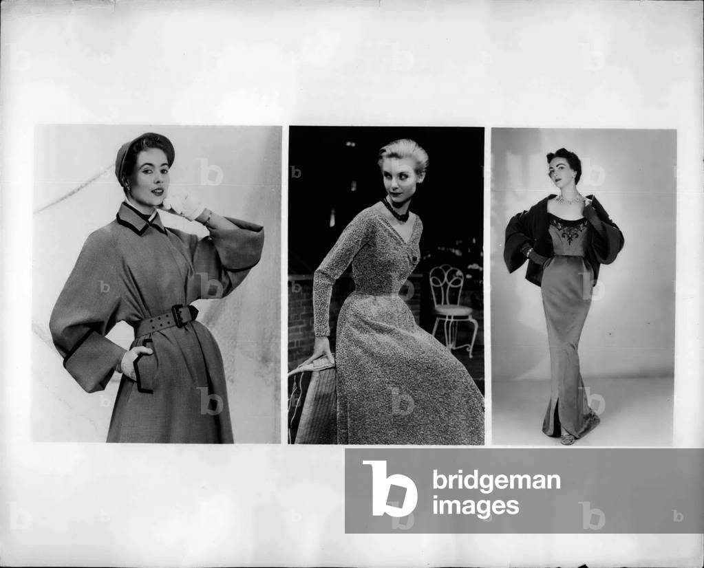 Jul 07, 1953 - Fail Fashions From London: Shown below are fall styles from the collection of three London designers, Telemac, Rembrandt and Arthur Banks: Photo shows (LEFT) Telemac's” Piper” raincoat of rayon trimmed with black braid piping. It is made with a fly-front and can be worn with or without the belt. The coat has deep turn-back cuffs and a matching hat. (CENTER) Rembrandt's cocktail separates in” Frosty,” a high-quality novelty material with surface interest given by a need-run design in glistening white fancy yarn which feels like straw, on a dark ground. A wide, low-out neckline distinguishes the long-sleeved top, and the skirt swings out in wide, stiff folds. (RIGHT) evening ensemble by Arthur Banks of velvet and Duchesse satin in delphinium blue.